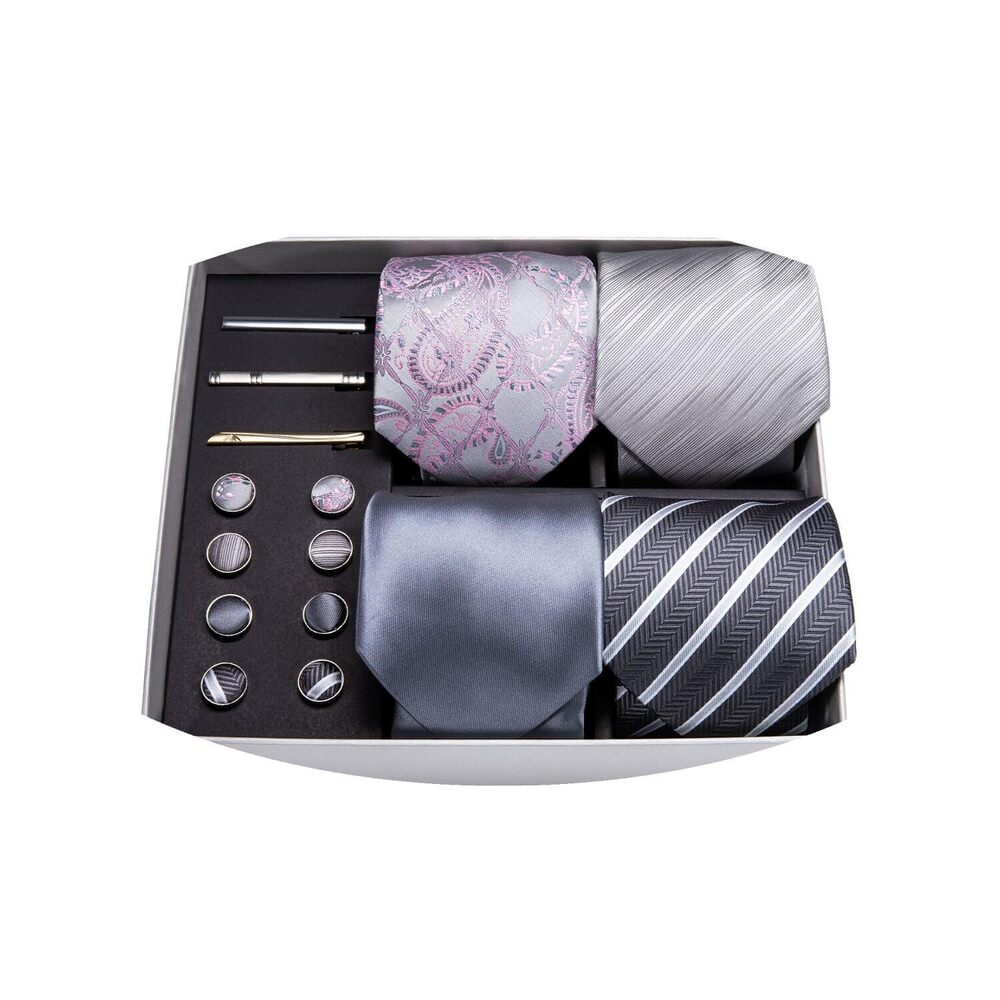 1305 Silver Grey Pink Tie Set Gifts Tie Bar and Hanky Cufflinks